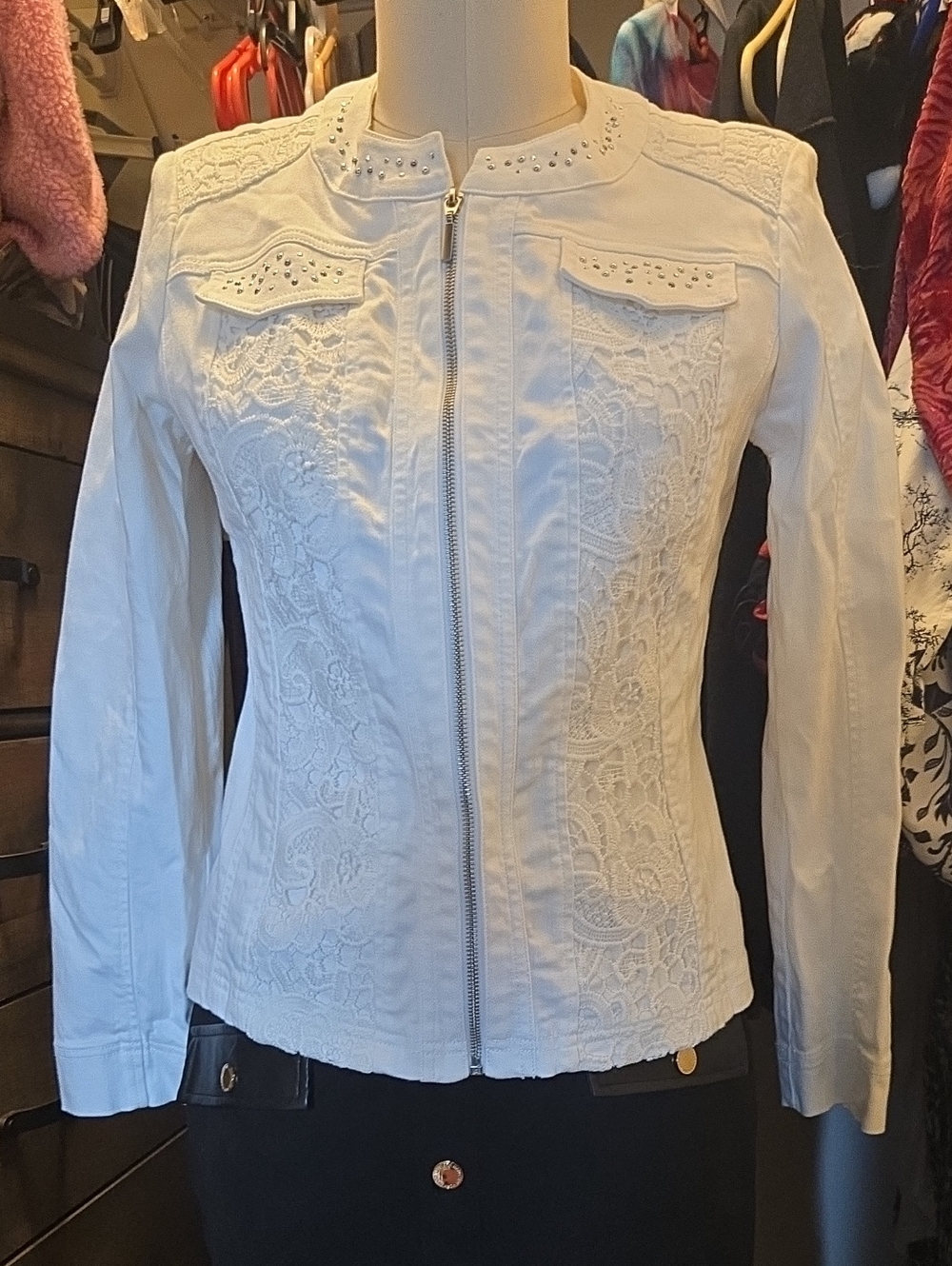 Canda Prem C&A White Denim-Style Jacket, Floral Lace Panels, Rhinestone Studds